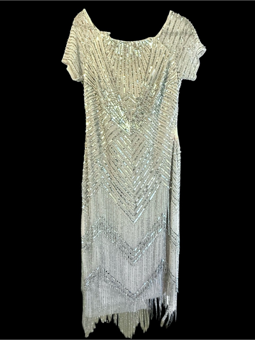 MGNY Beaded Sequin Fringe Sheath Dress Silver 72525 NWT